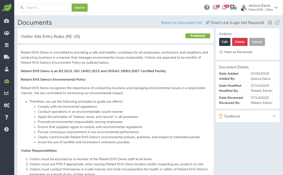screenshot of Reliant EHS